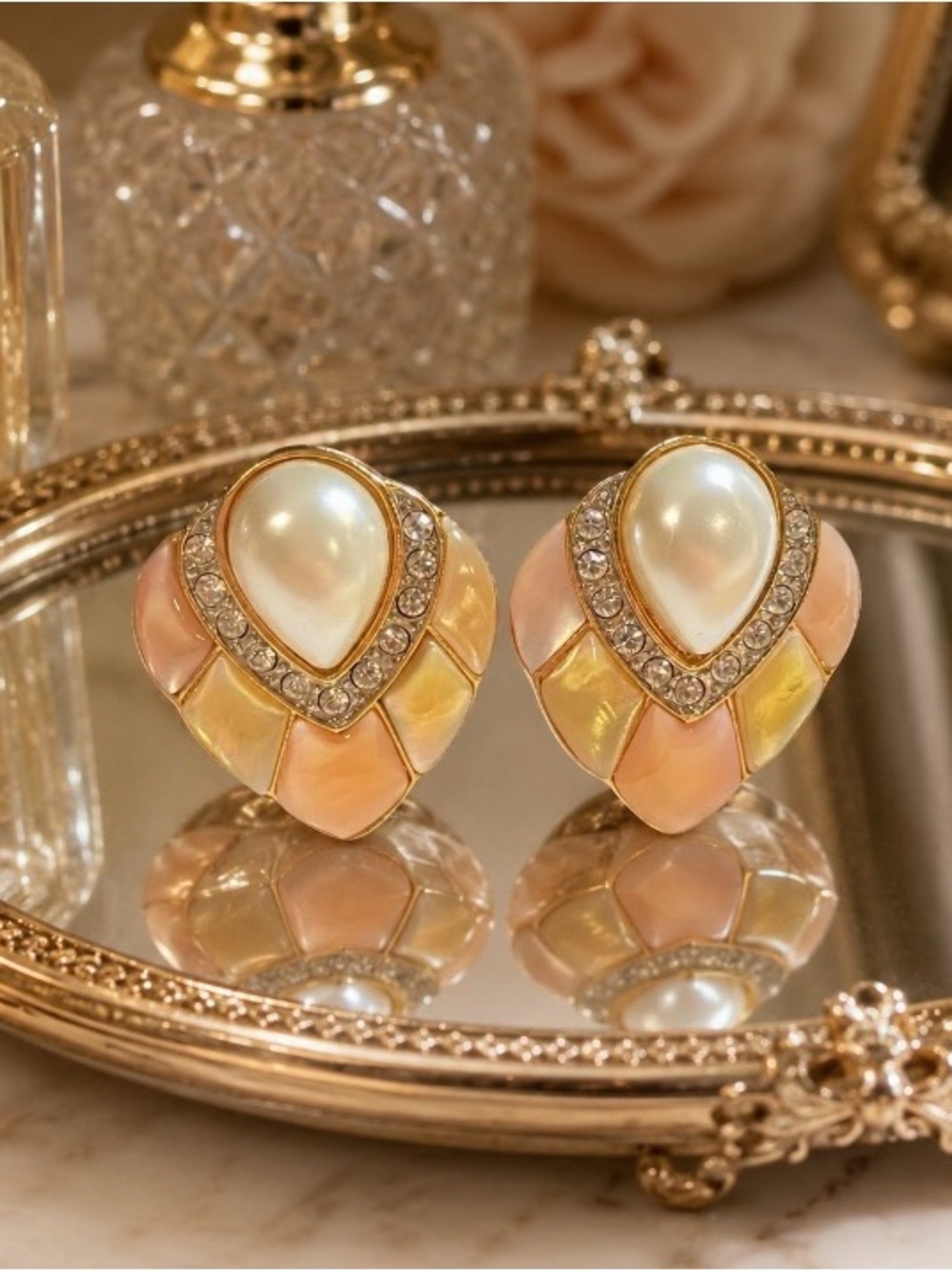 Vintage Butler Mother of Pearl and Rhinestone Gold Tone Clip Earrings